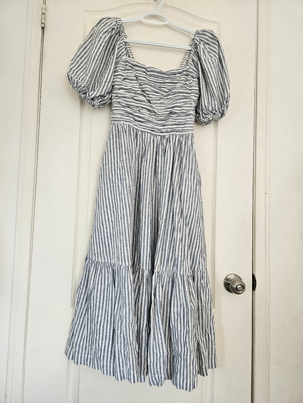 Abercrombie & Fitch Blue Stripe Puff Sleeve Midi Dress Cottagecore Smocked XS - Picture 2 of 10